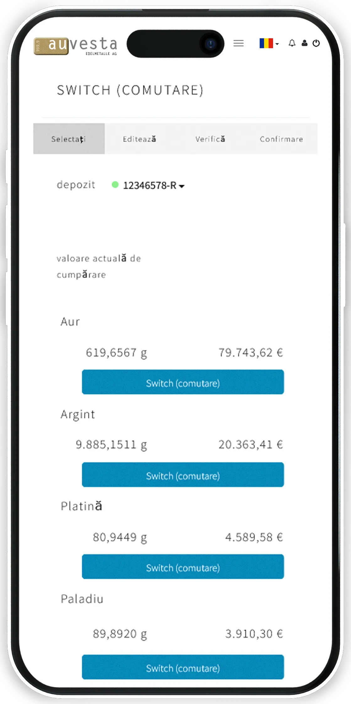 Comutare - Preschimbați online în alte metale prețioase